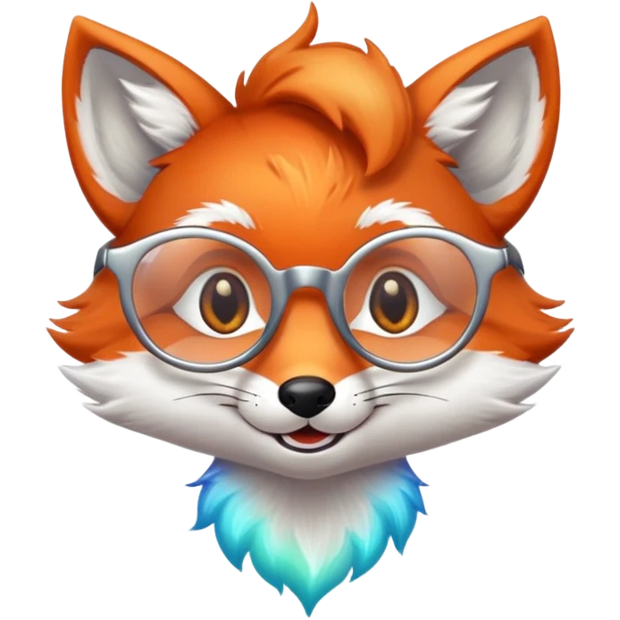 A sly fox with iridescent fur, a glowing tail, a silver star on its forehead, and round glasses, giving a mischievous smirk. 🦊😏 emoji