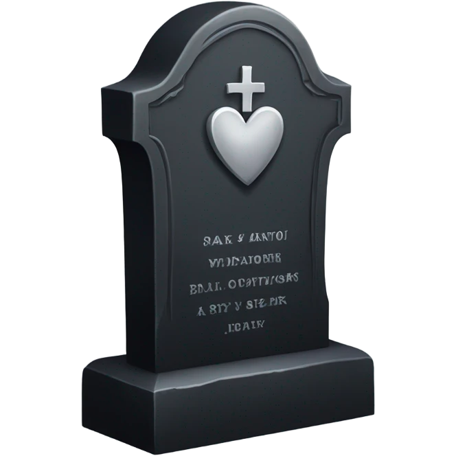 a black tombstone with the inscriptions in silver RIP and a silver heart in the center emoji