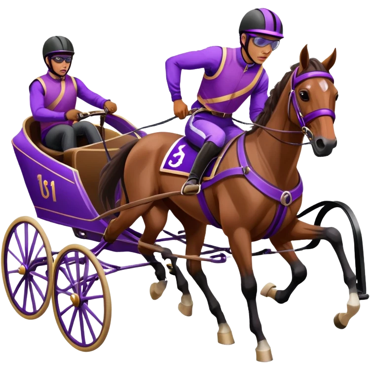 A high-speed harness racing scene featuring a powerful brown trotting horse. The sulky, a lightweight two-wheeled cart, is painted in black and attached to the horse’s harness. A driver, dressed in purple, is seated in the sulky, gripping the reins tightly and wearing a purple helmet with goggles. emoji