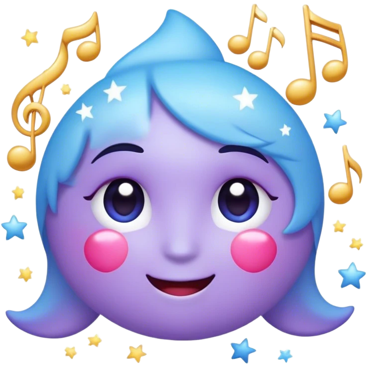 A cute and playful emoji with a smirking face, sparkling eyes, and a pastel blue-purple gradient. It has floating stars, hearts, and music notes, giving it a mysterious yet charming vibe emoji