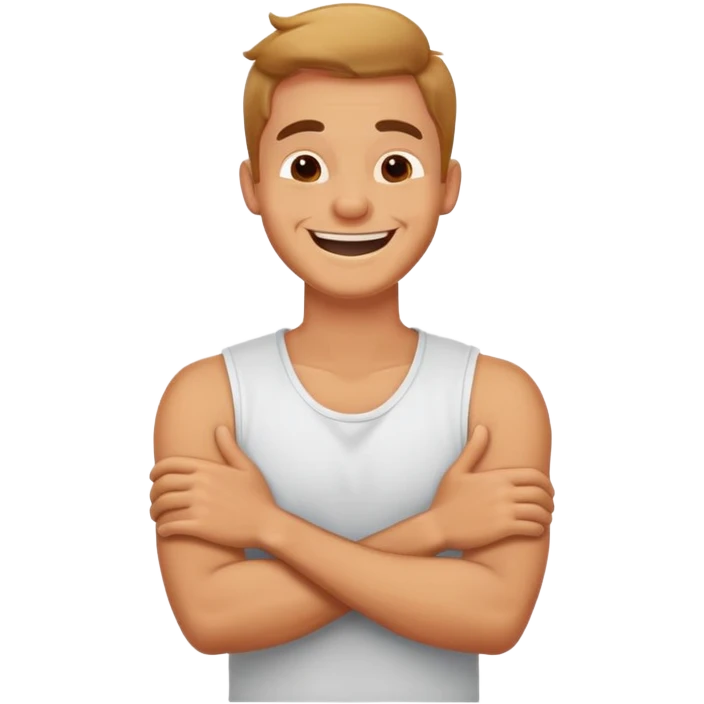arms crossed, holding neck, laughing guy emoji