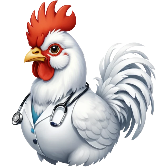 A White Silkie Bantam rooster has very fluffy plumage and is wearing a doctor's stethoscope.  emoji
