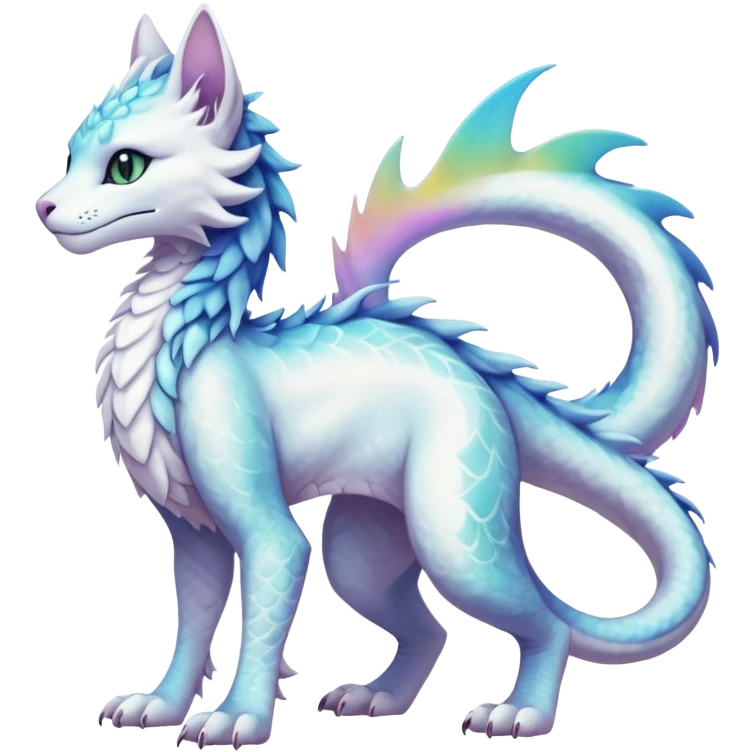 Kawaii white pastel iridescent beautiful pretty elegant divine edgy fantasy feline-vernid-sergal-Haku-dragon-fursona animal creature with a tufted tail full body with intricate markings  emoji