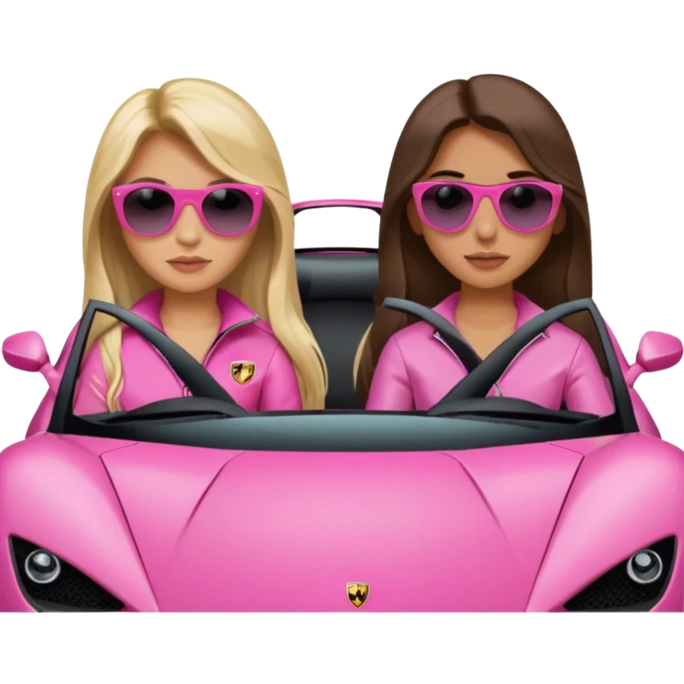 Add sunglasses full car front facing so I can see full car Car facing forward in sports car. Make hair long  two girls in car far away Front of car sitting in the seats. Make it a pink sports car. They are two baddies make it a Lamborghini pink car  emoji