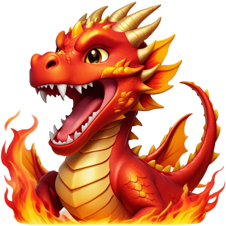 Cinematic Cute Yawning Fierce Fire Dragon Portrait Emoji, Head tilted slightly with a dramatic, wide-open yawn, revealing a fearsome yet endearing scaled visage bathed in searing reds and oranges, with gentle flames licking around its open mouth; rendered with realistic detail and flickering natural light, high shine, relaxed yet fierce, styled with a dash of smoldering charm, soft glowing outline, capturing the essence of a sleepy but spirited inferno ready to unleash a tender blaze of warmth! emoji
