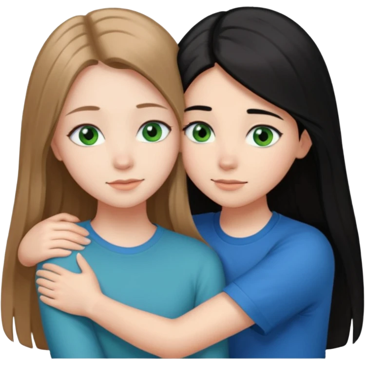 una ragazza dall‘ età di 19 anni con capelli castani chiaro lunghi e lisci ,  occhi CELESTI ,  e una ragazza di 17 anni capelli neri occhi verdi che si abbracciano   emoji