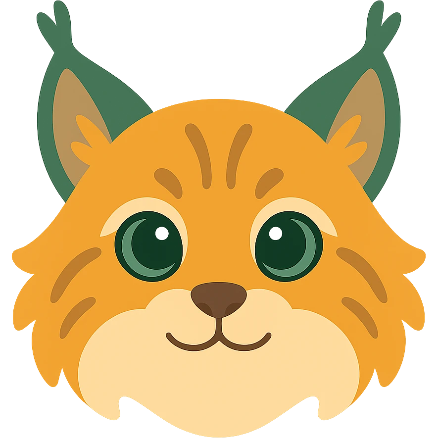 A cute and soft lynx face with big, expressive eyes, designed in a warm and magical color palette: golden orange (FA9B41), forest green (4A7C5C), muted taupe brown (96775A), and pastel peach (FFCC9A). The lynx’s fur is fluffy and soft, with a mix of warm browns and golden highlights. Its ears are tipped with tufts of fur in greenish tones, and its cheeks are gently rounded with subtle peach accents. The eyes are bright and curious, surrounded by soft fur in the warm color palette. The overall look is adorable, serene, and enchanting, evoking a gentle, woodland atmosphere. emoji