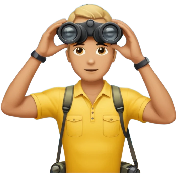 Male lifeguard – yellow shirt, binoculars in hand, scanning the sea, full body emoji
