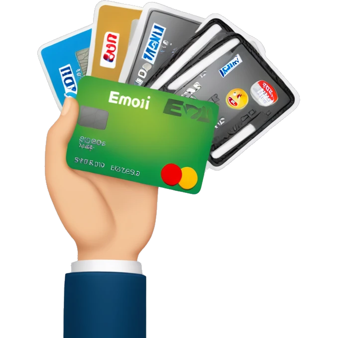 a hand holding 5 credit cards, emv chip, credit card, debit card, amex platinum, American express emoji