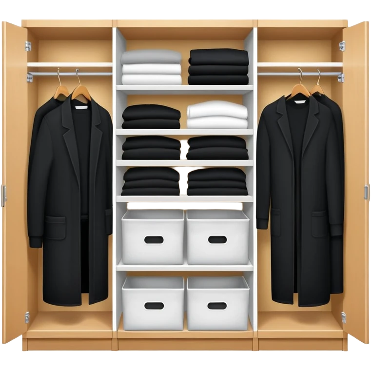 Closet organizer with visible compartments filled with black long sleeve shirts, sweaters and work clothes emoji