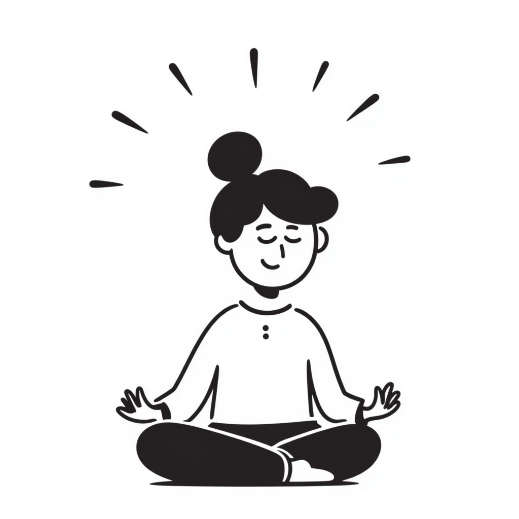 A person in a peaceful meditation pose with small waves of calmness radiating outward, representing mindfulness and stress relief. Simple hand-drawn doodle style. emoji