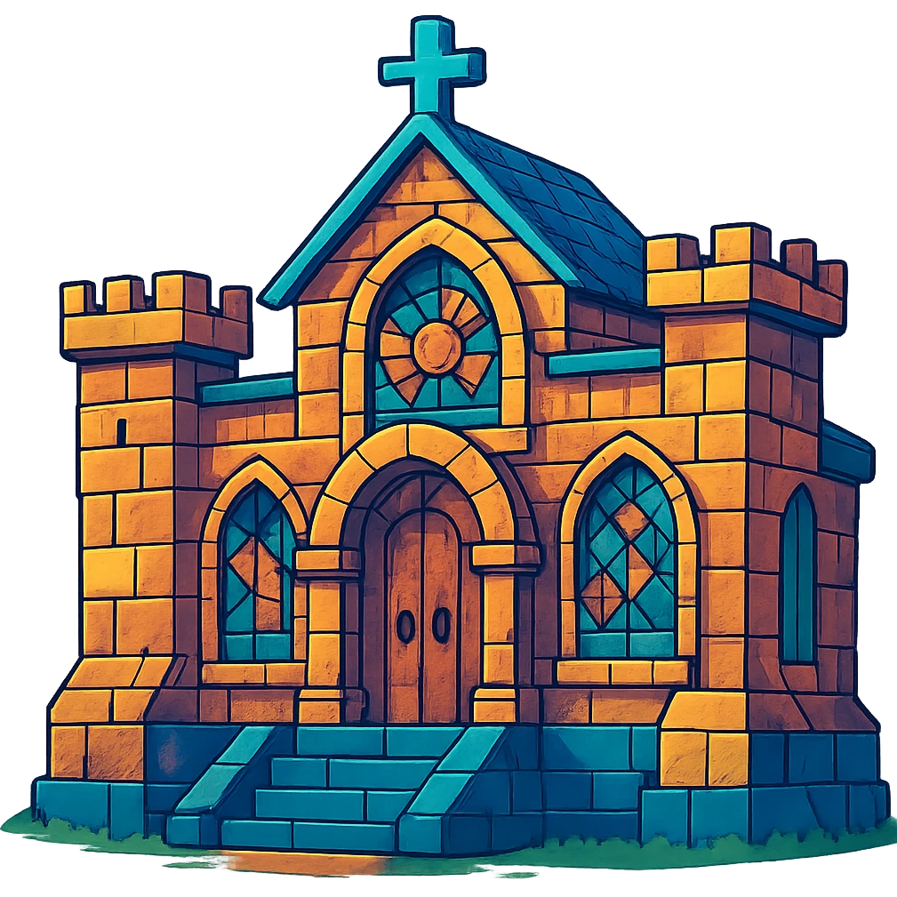 medieval temple, vibrant illustration style, stone details, colorful stained glass, mystical atmosphere emoji