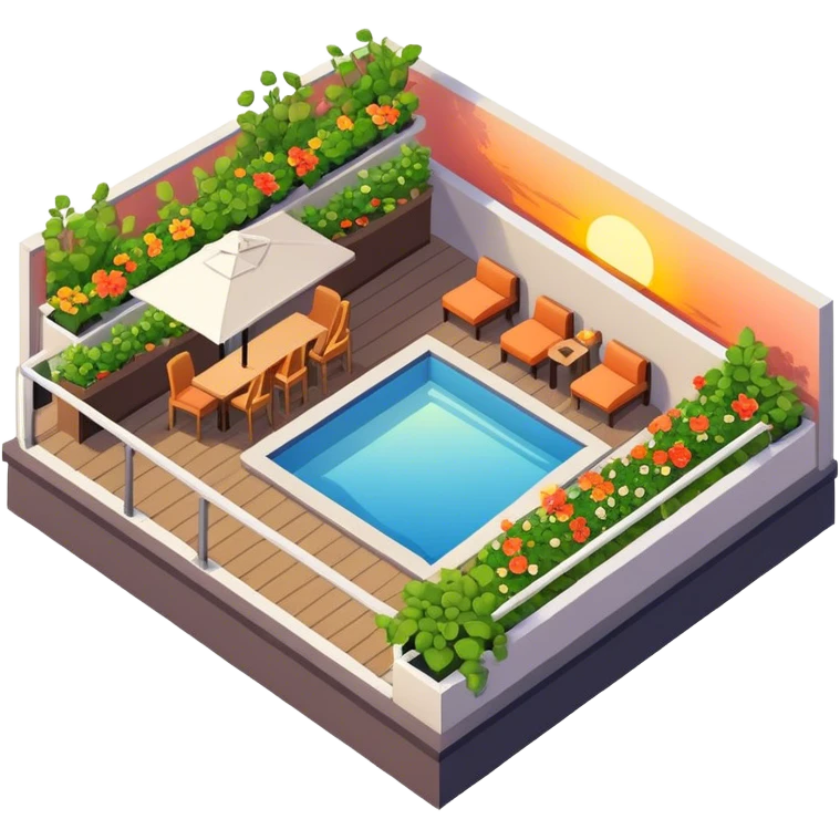 Hotel rooftop garden sunset bar, isometric exterior  emoji