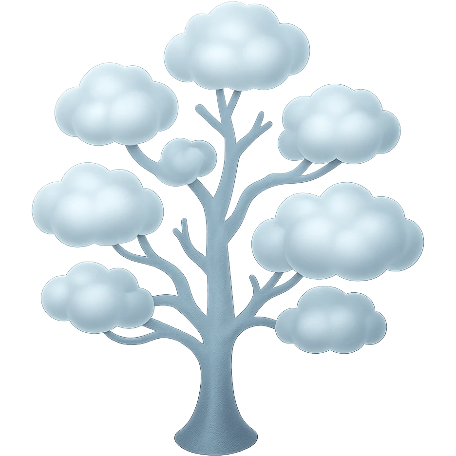 one tree with many branches, each branch covered with small, very bright white, saturated color, fluffy convex clouds, matte glass style emoji