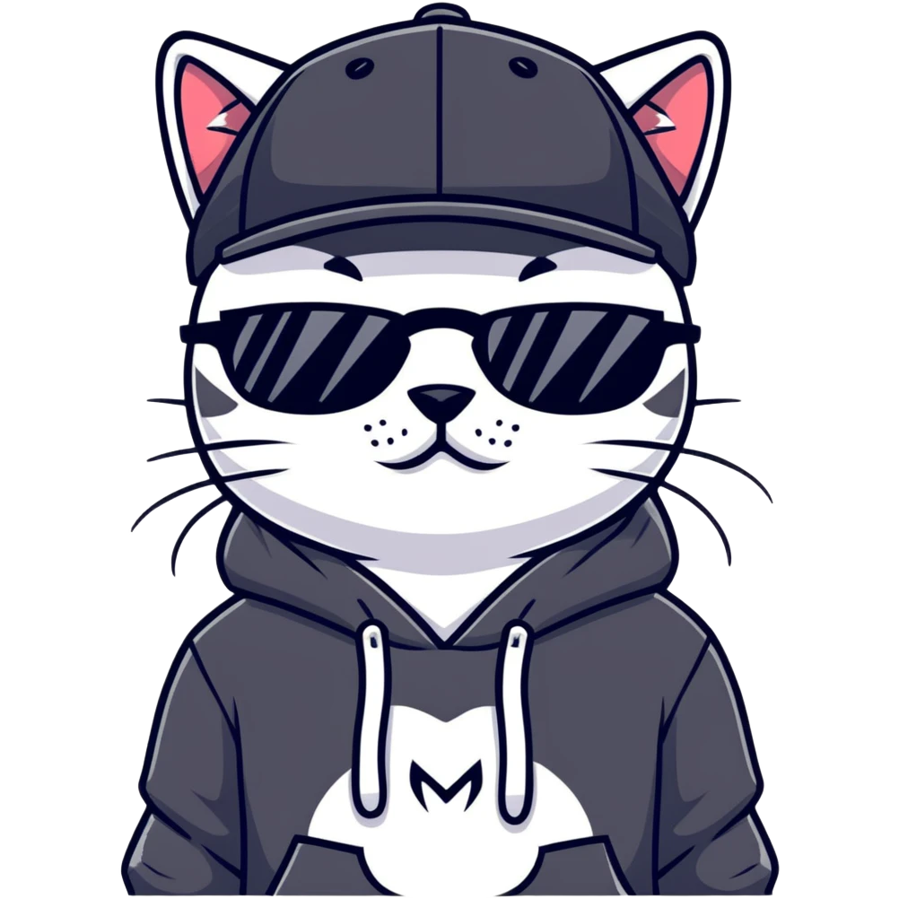 cat wearing a black snapback cap and black hoodie, with black sunglasses positioned low on his nose, looking directly at the viewer over the top of his sunglasses with a cool expression, doing graffiti with spray paint emoji