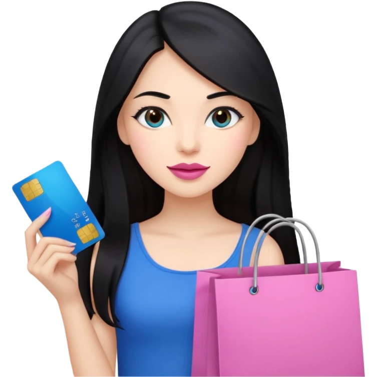 Girl with long black hair and crown, pink lipstick, brown eyes holding shopping bags and blue credit card emoji