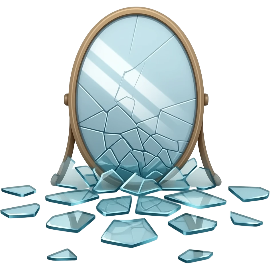 A shattered mirror rests on the ground, surrounded by scattered glass shards. Each piece reflects light with a subtle shine, forming a simple and polished scene in the style of an Apple emoji. emoji