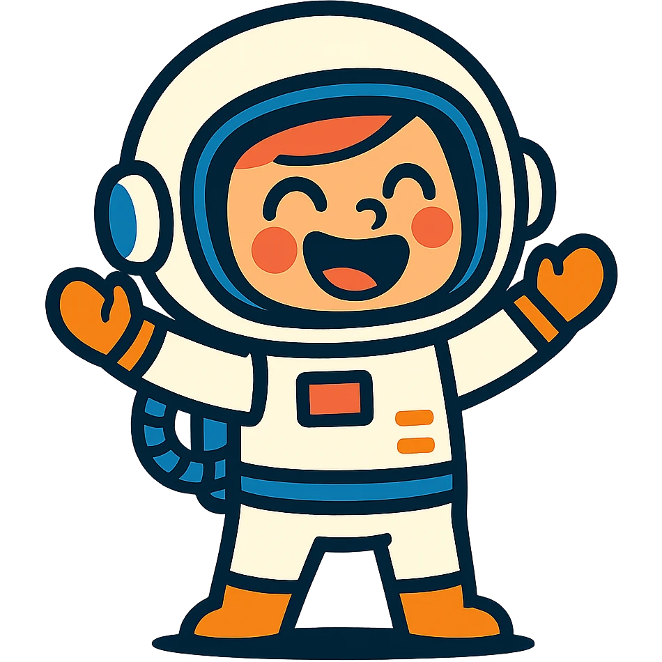 little astroneer with white suit and white helmet, very happy emoji