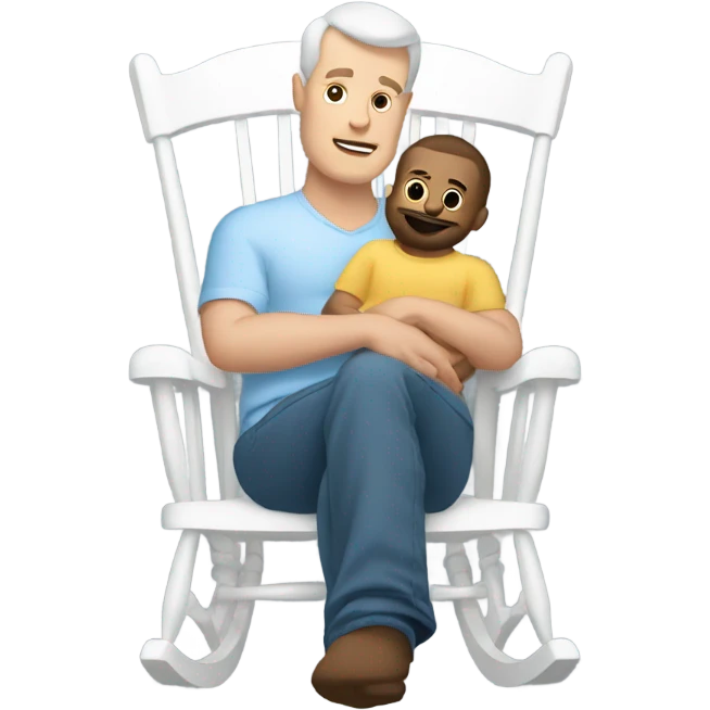 White man rocking white baby in puffy grey rocker  emoji