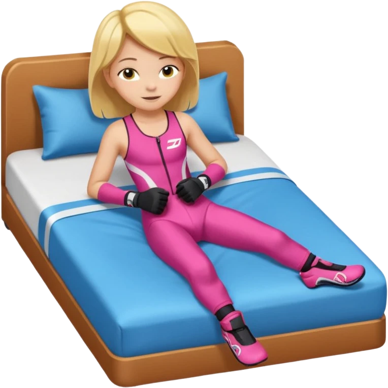 ten-year-old girl in a racing suit, racing shoes and racing gloves with no helmet, unzipped, revealing a sports bra, sleeping on a bed happily, flat-chested and prepubescent emoji