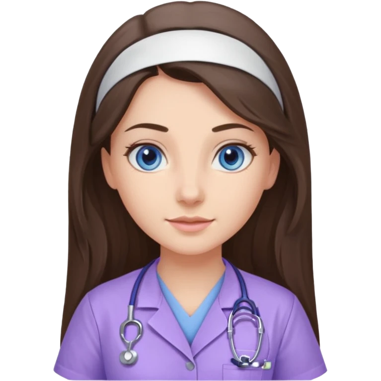 pretty brunette nurse with long hair and blue eyes in lilac scrubs emoji