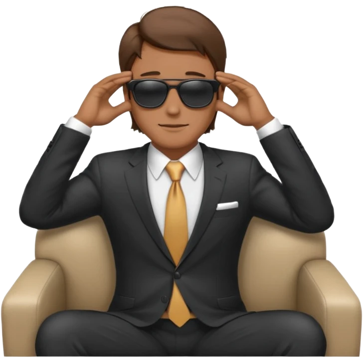 white man with brown hairs in formal suit wearing sunglasses resting with hands behind head emoji