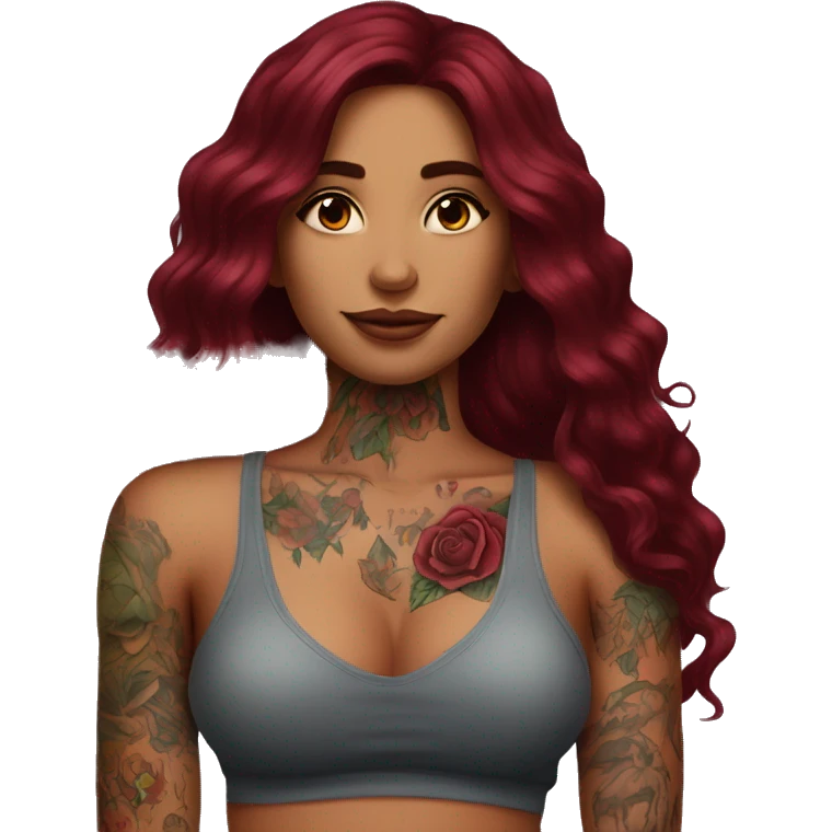 Beautiful tattooed burgundy long haired woman laying on her boyfriends chest emoji
