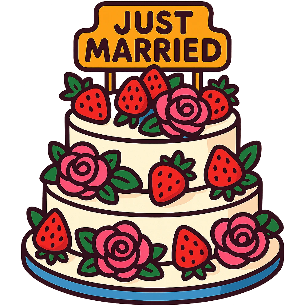 white wedding cake with strawberries, pink roses, 'Just Married' topper, vibrant toon style emoji