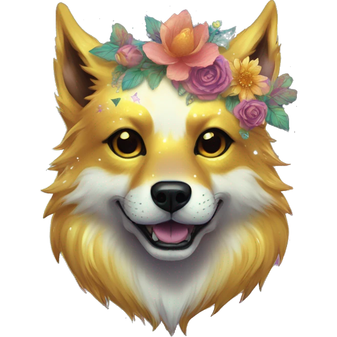 iridescent fluffy dog fox head zombie skull skeleton gold mechanical nebula galaxy stars colorful flowers fairy lights vintage emoji