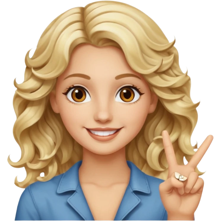 Luxury blonde model, brown eyes, wavy hair, peace sign emoji