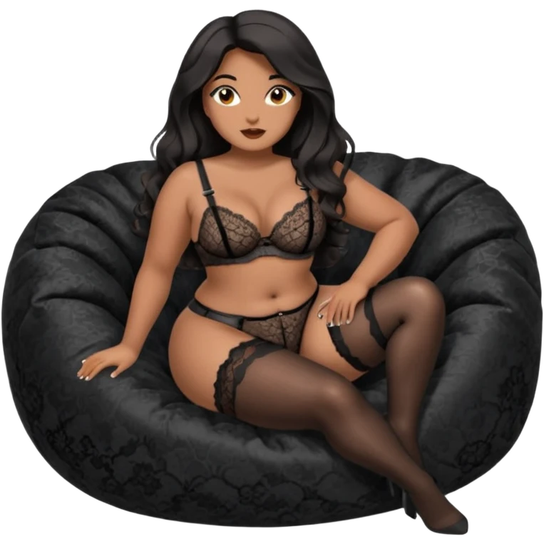 Curvy woman with brown skin with long wavy black hair, dark brown eyes. She's wearing a black lace lingerie, black lace thong, black stockings and suspender belt, she's sat on a big dark grey bean bag chair with her legs spread. She gestures you to come closer emoji