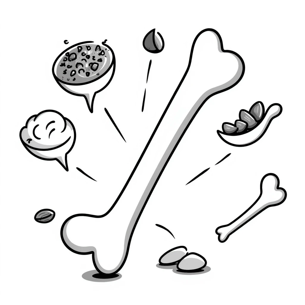 A magical glowing white bone surrounded by floating shredded cheese, yogurt, sesame seeds and almonds, with light beams connecting them, beside a normal bone for comparison emoji