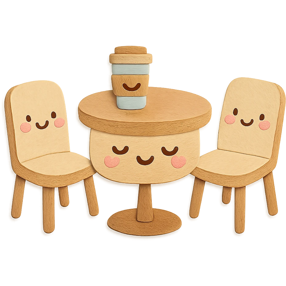 kawaii coffee shop table and chairs set with blushing cheeks, soft pastel hand-drawn illustration emoji