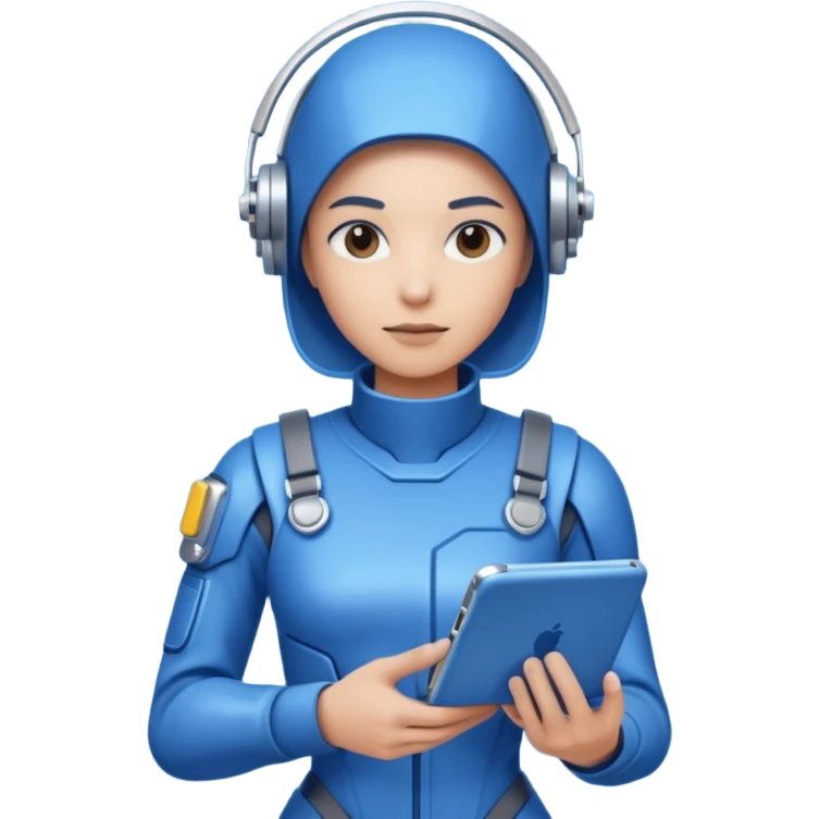 cybernetic person with digital toolkit, digital vibes, blue outfit, average skin color emoji