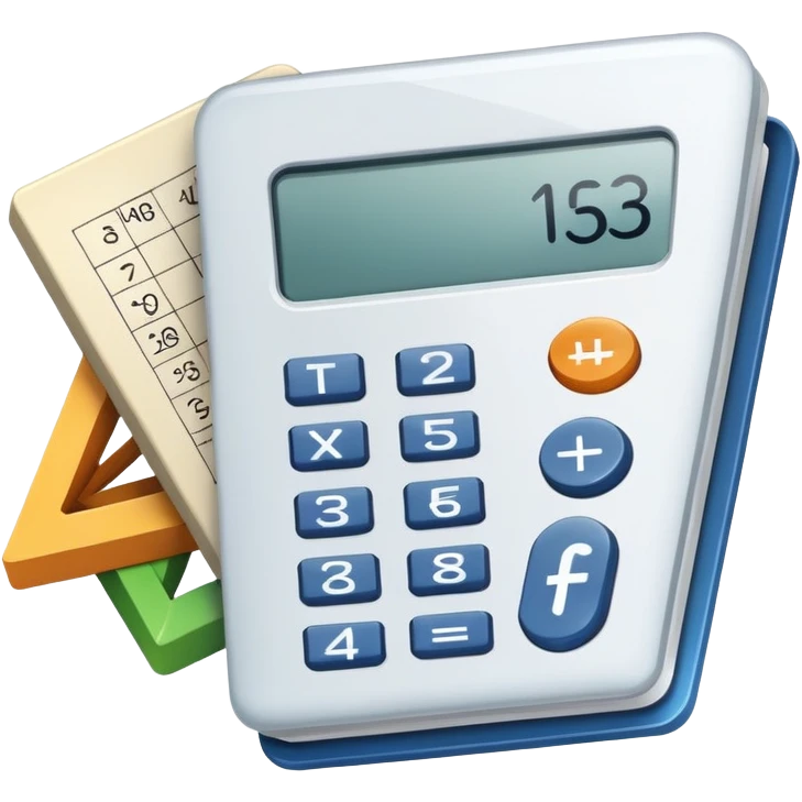 An icon featuring mathematical formulas, a calculator, and geometric shapes, symbolizing mathematics. The design includes numbers, a ruler, and a compass, representing the study of numbers, logic, and equations. Transparent background highlights the science of calculation and analysis emoji