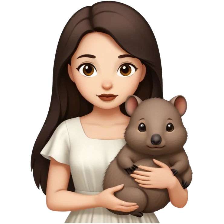 Beautiful woman in 1950’s woman fashion look, white dress, long dark brown hair, wombat emoji