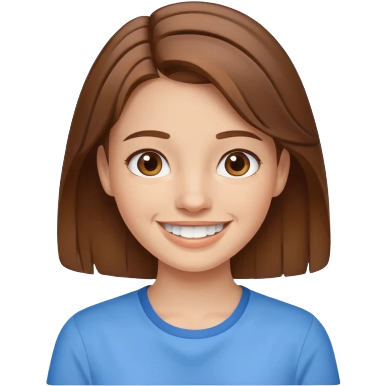Girl with brown hair smiling with braces and blue shirt emoji