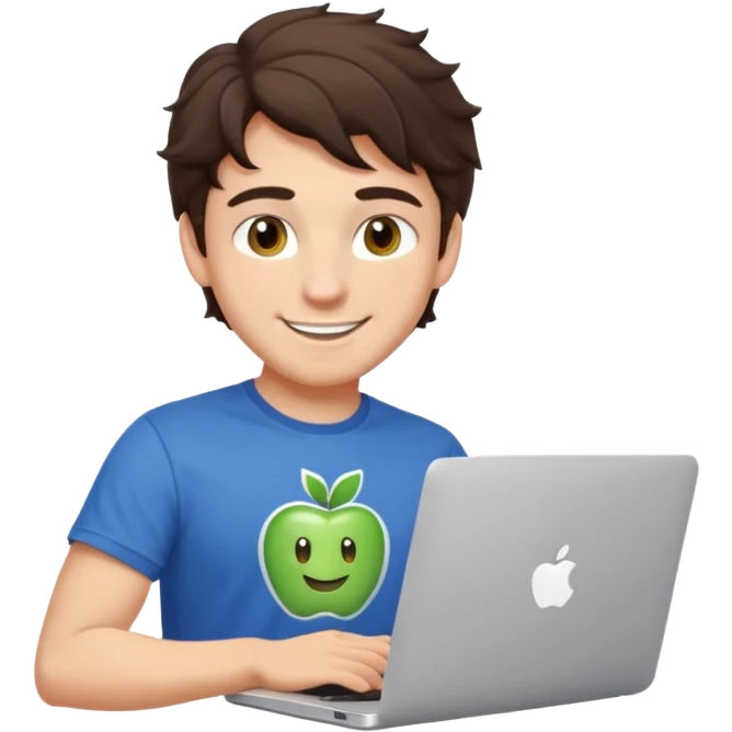Apple emoji style: developer character, young man, wavy dark brown hair, hazel eyes, dimple, smiling, playful wink, tech t-shirt, at MacBook with Apple logo, modern soft background emoji