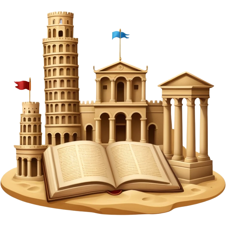 icon featuring ancient scrolls, quill pen with famous historical landmarks and monuments in the background like colliseum. Large, antique sand clocks with sand pouring out represent the passage of time. Historical figures are depicted as statues. Transparent background. emoji