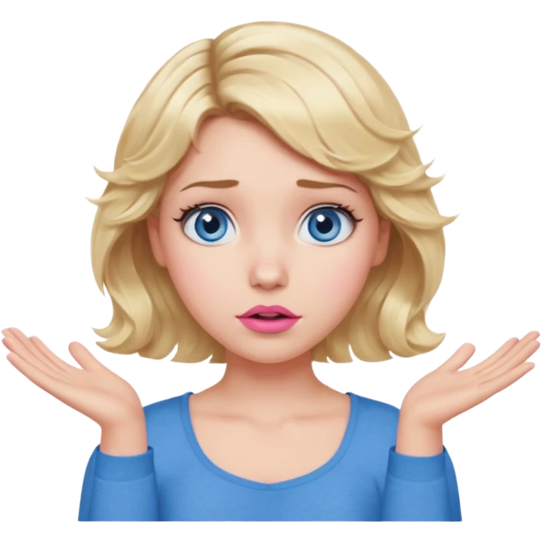 Girl Blonde short wavy hair,  blue eyes, cute blue top, long lashes, pink lips, confused, shrugging hands raised emoji