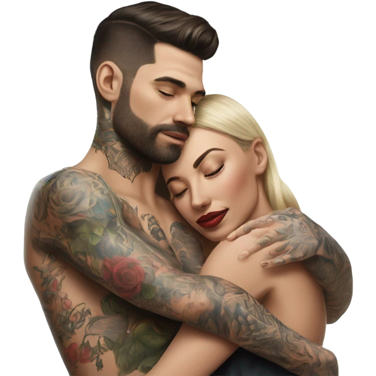 Hyper Realistic beautiful woman in the arms of a very handsome tattooed man kissing  emoji