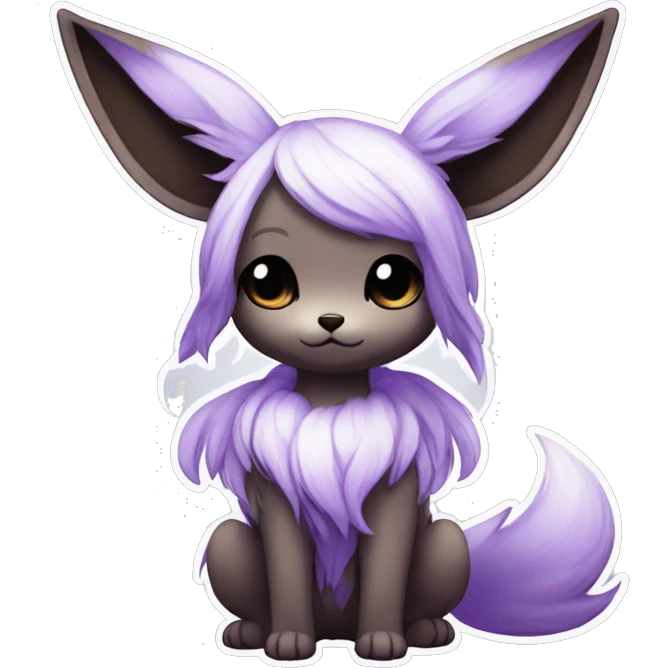 Kawaii Pale Eevee with dark brown long emo hair covering her eyes, violet iris, Full Body emoji