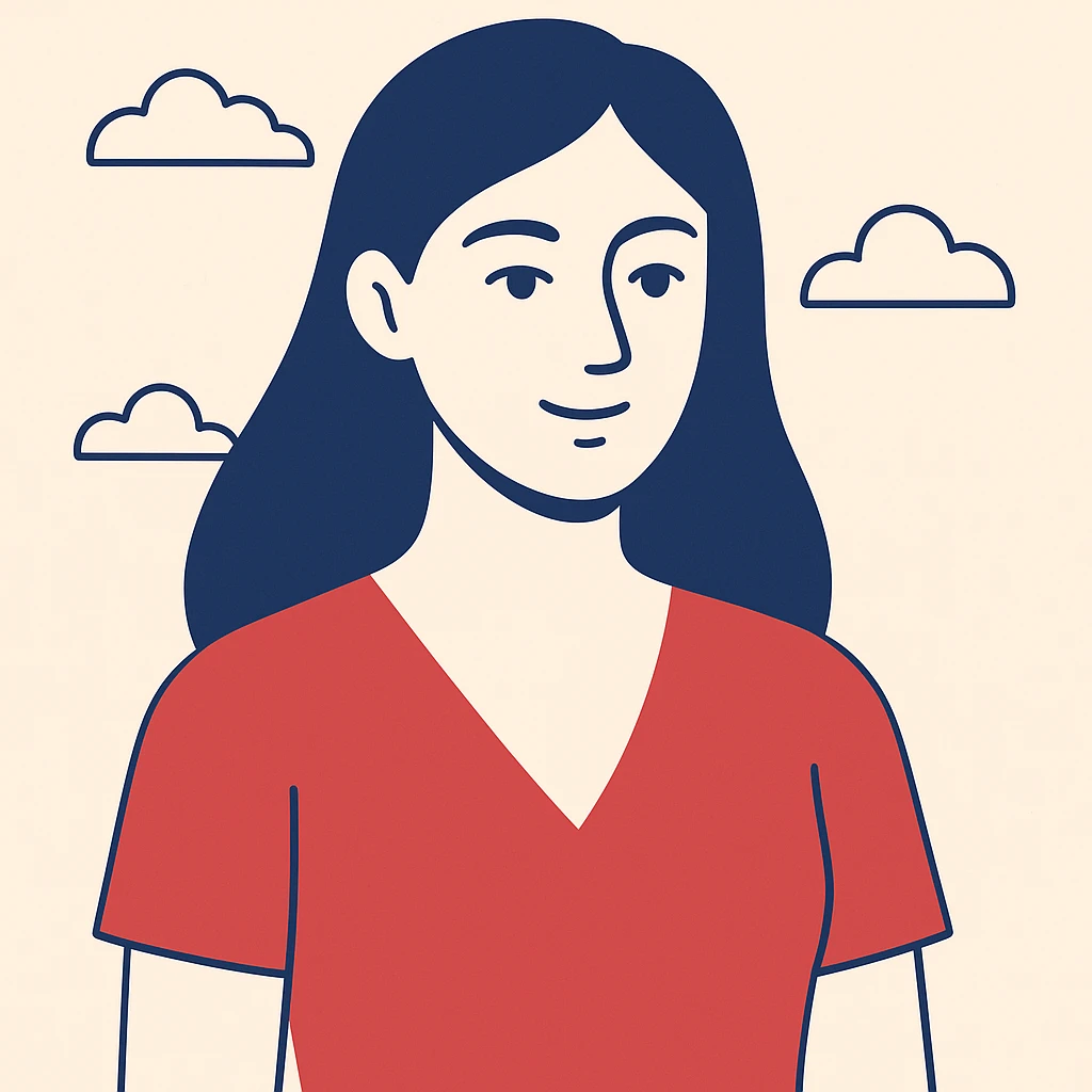 a woman with long chocolate brown hair wearing a red v-neck top, clean modern illustration style emoji