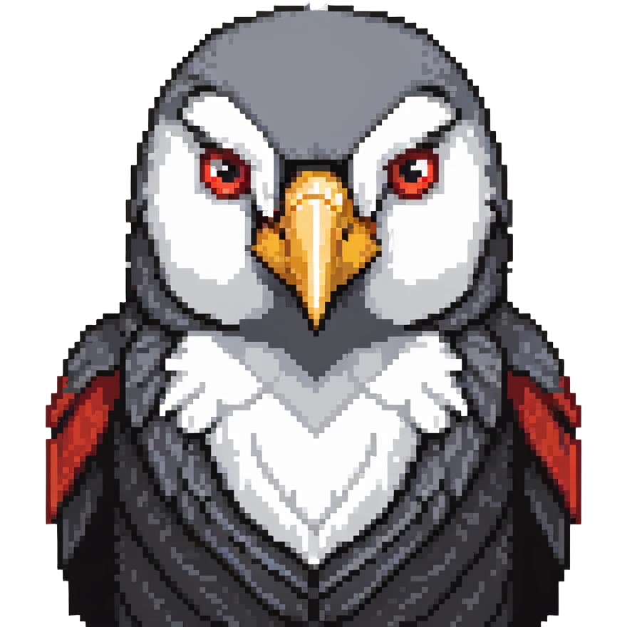 gray crow head with red cheeks, large white eyes with determined expression, short pointed beak emoji