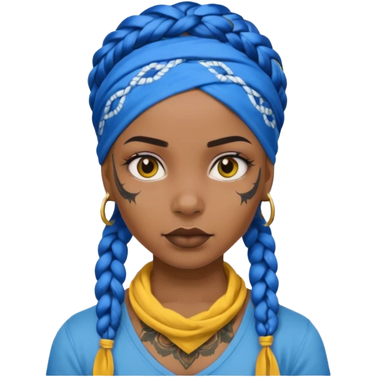 blue braided hair with yellow head bandana and lots of face tattoo black skin girl emoji
