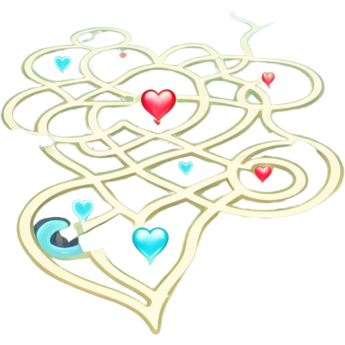 Magical cartography map with abstract heart-shaped pathways blending into the terrain lines, glowing ethereal map symbols emoji