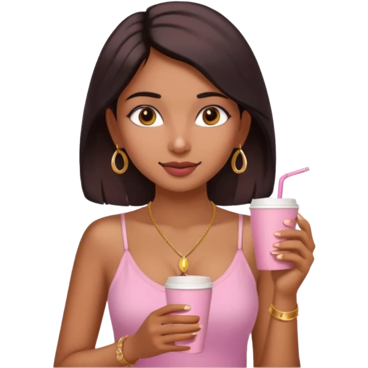 a pretty fair indian bratz girl with a pink cami top, drinking takeaway coffee, golden dainty necklace emoji
