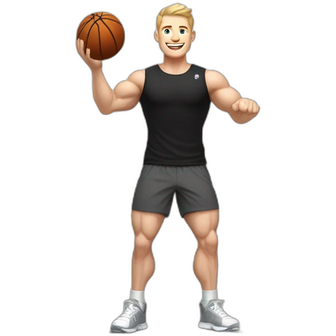 Joyful Celebrating victory Pale skinned Fit Man With the biceps and dark brown hair in black shirt, gray sports shorts and white Sneakers emoji
