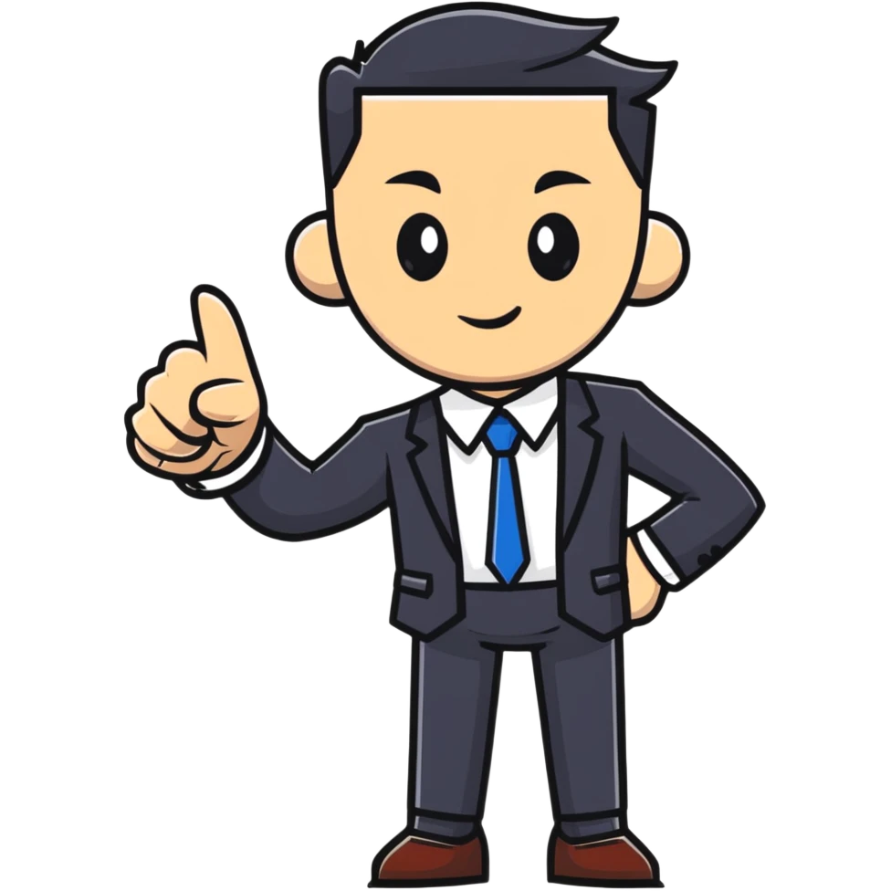 Boss character with a confident pose, business attire, pointing forward emoji