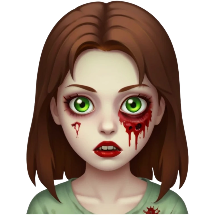 garota de cabelo castanho, olhos verdes, cilios grande e cara de zumbi emoji